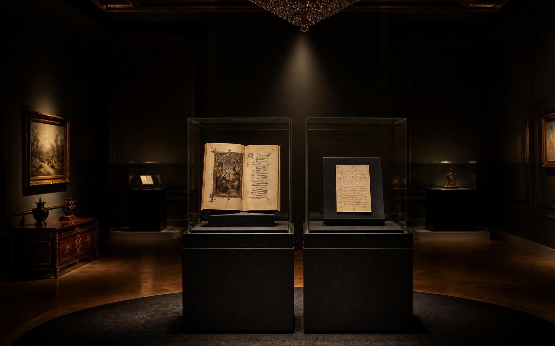 An illuminated manuscript and an autograph letter displayed under museum glass in a darkened viewing room