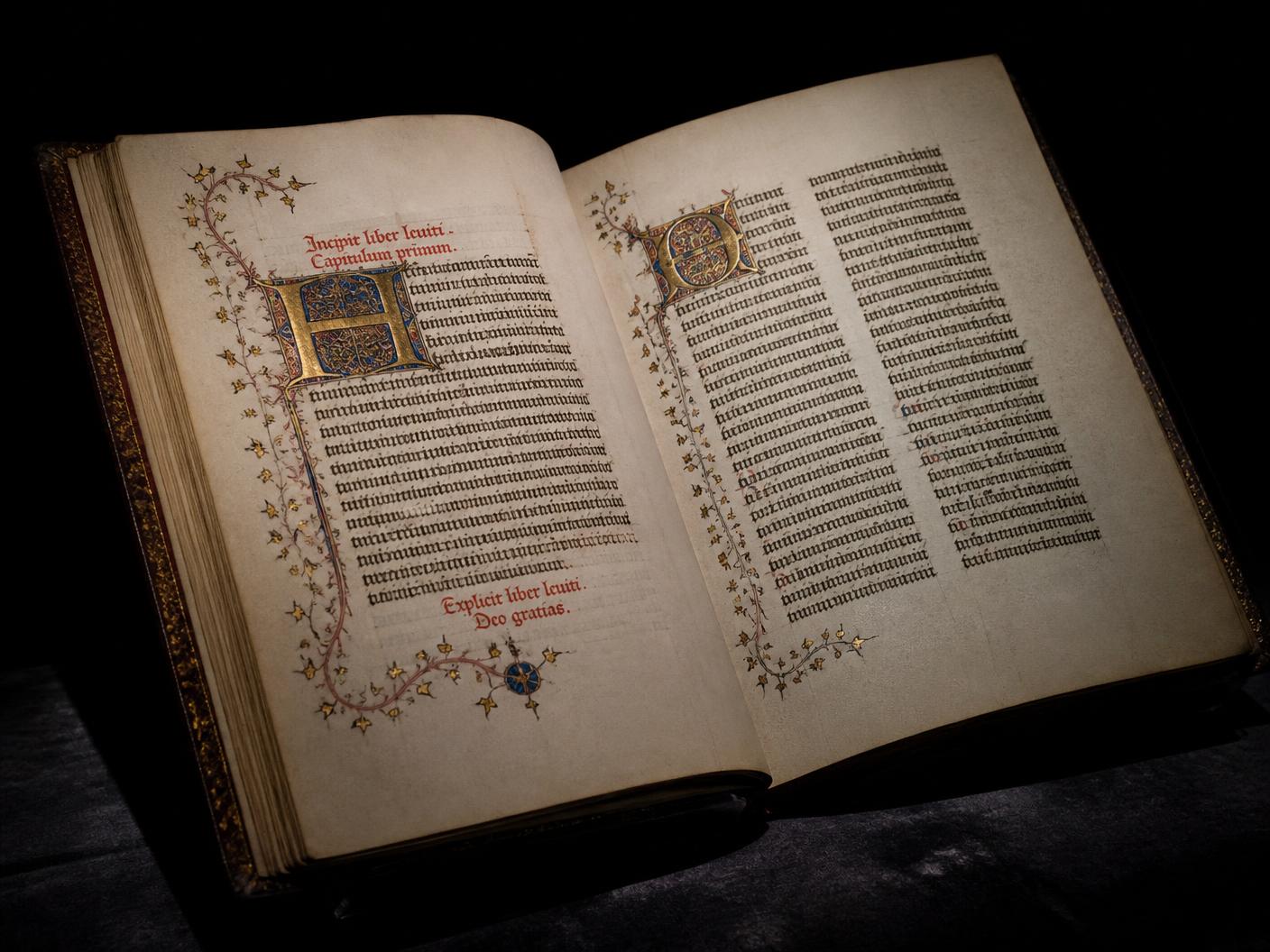 An illuminated Book of Hours open on a charcoal velvet surface