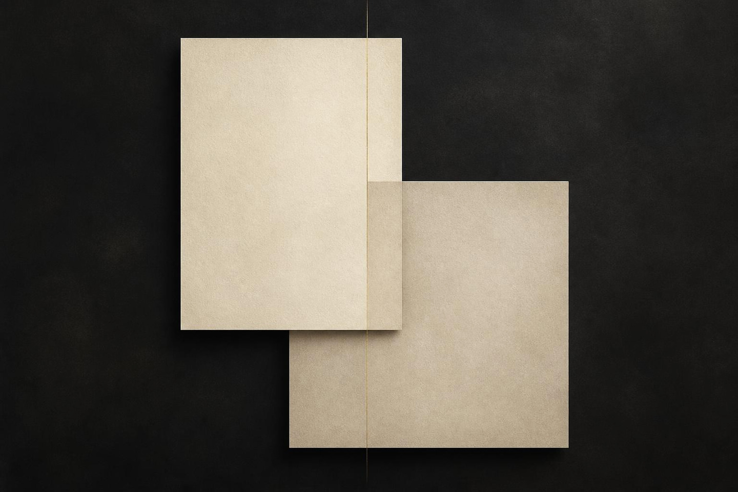 VALÉORINE editorial artwork: two interlocking ivory rectangles on charcoal
