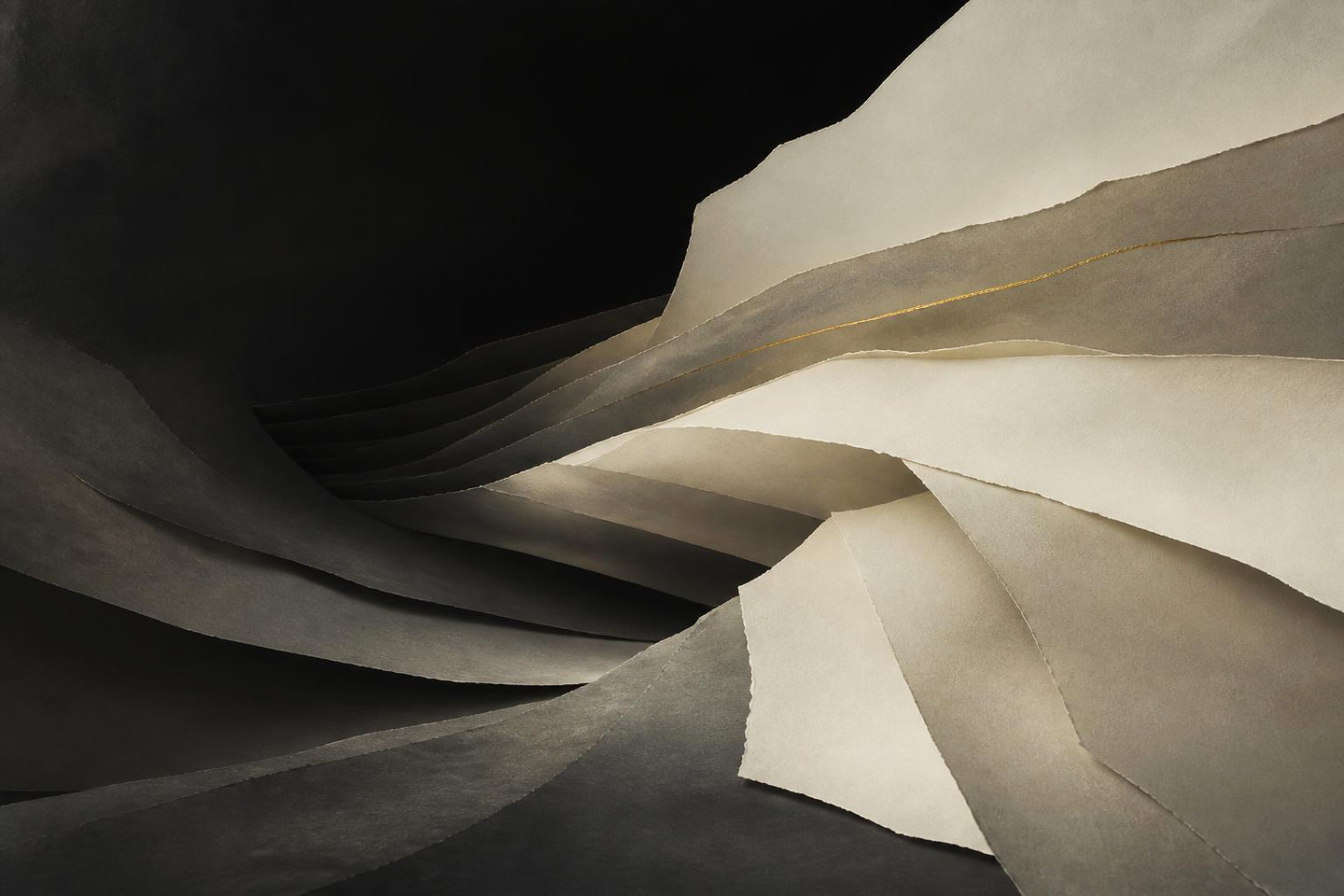 VALÉORINE editorial artwork: deep strata of ivory and greige planes receding into darkness