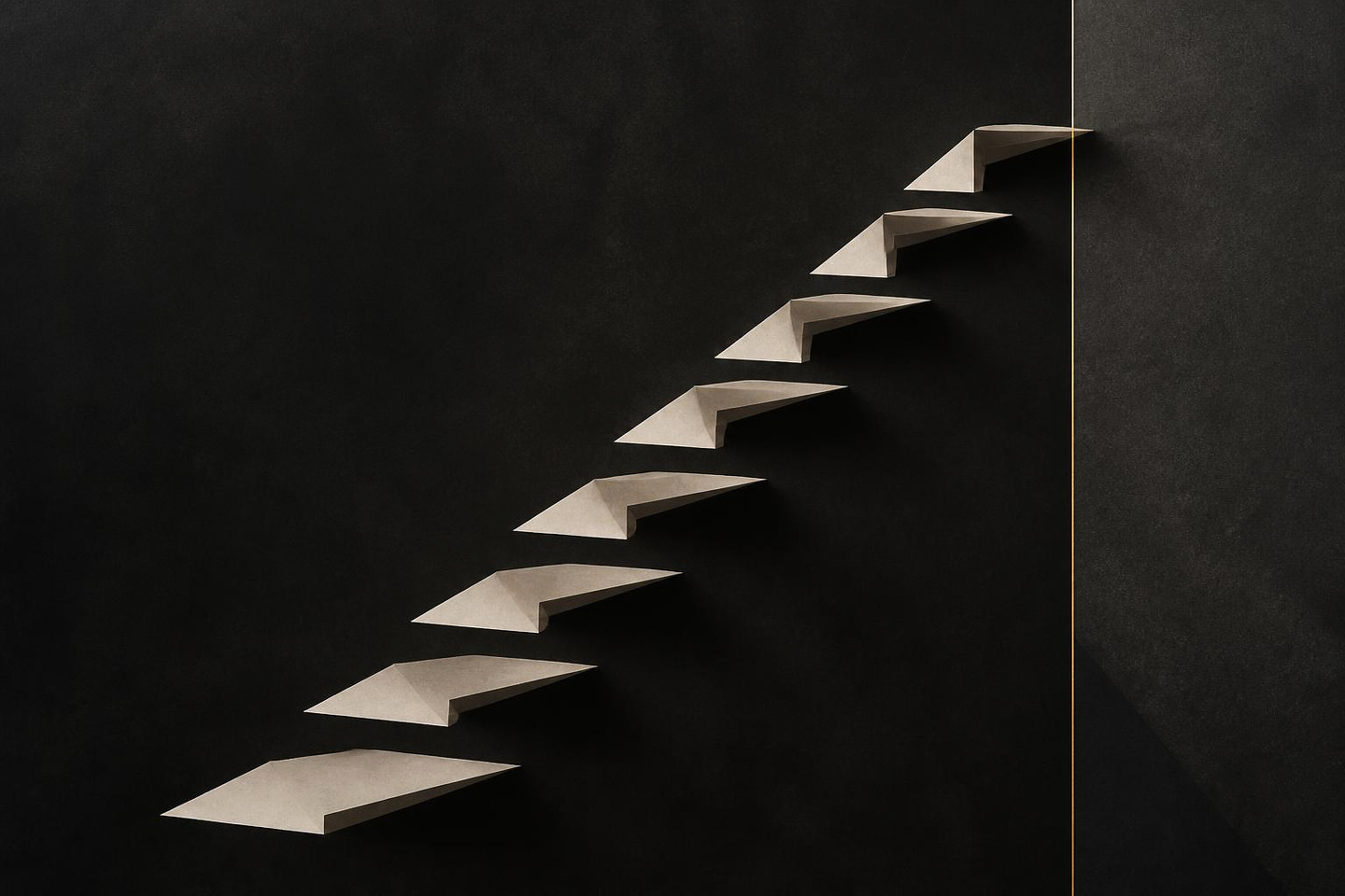 VALÉORINE editorial artwork: small ivory planes ascending in even increments across charcoal