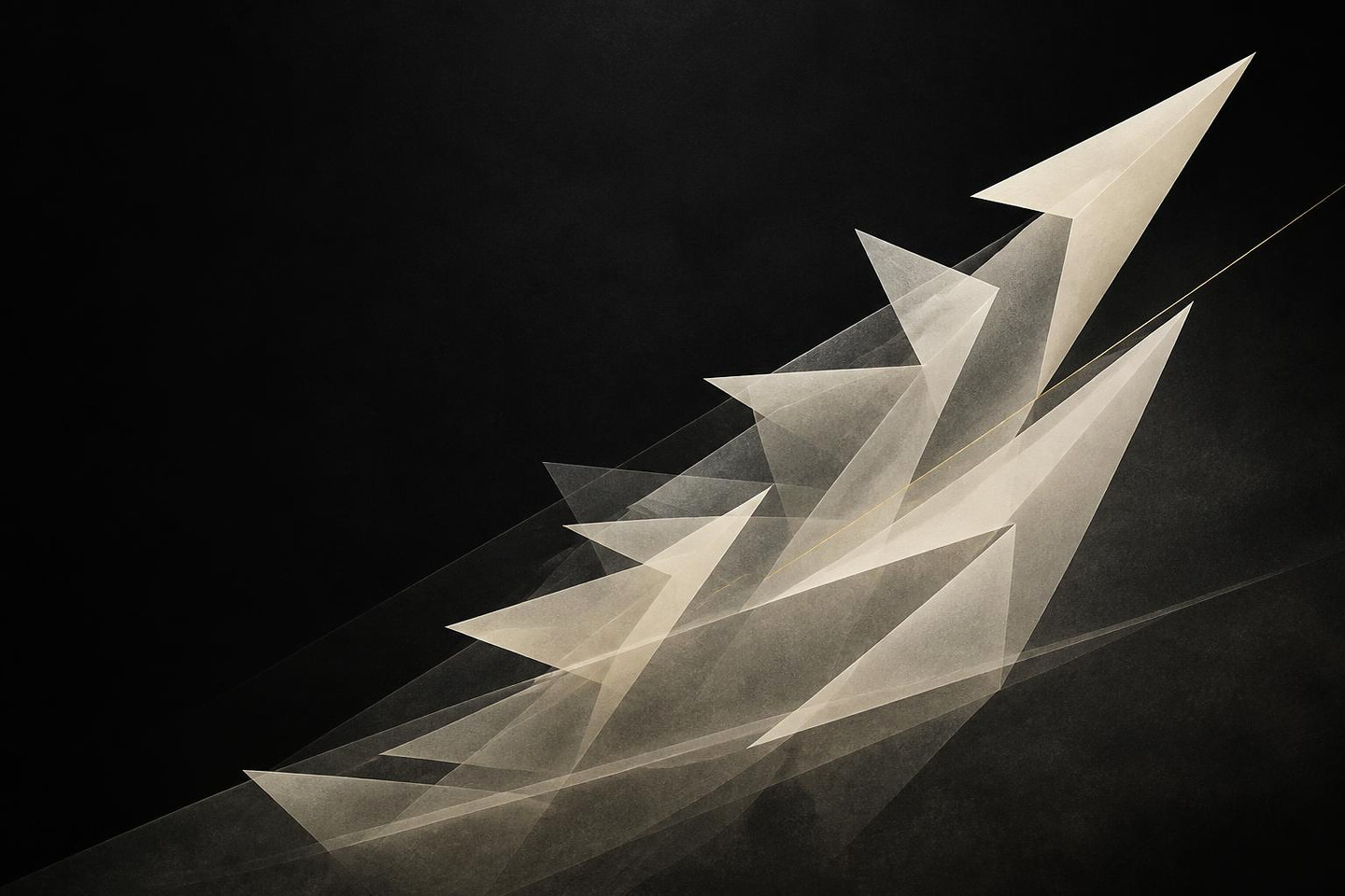 VALÉORINE editorial artwork: translucent ivory planes rising in an open ascending composition on charcoal