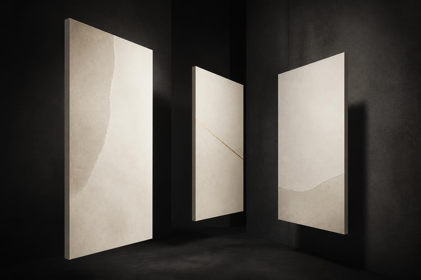 VALÉORINE editorial artwork: ivory planes suspended at differing depths in a dark curatorial space