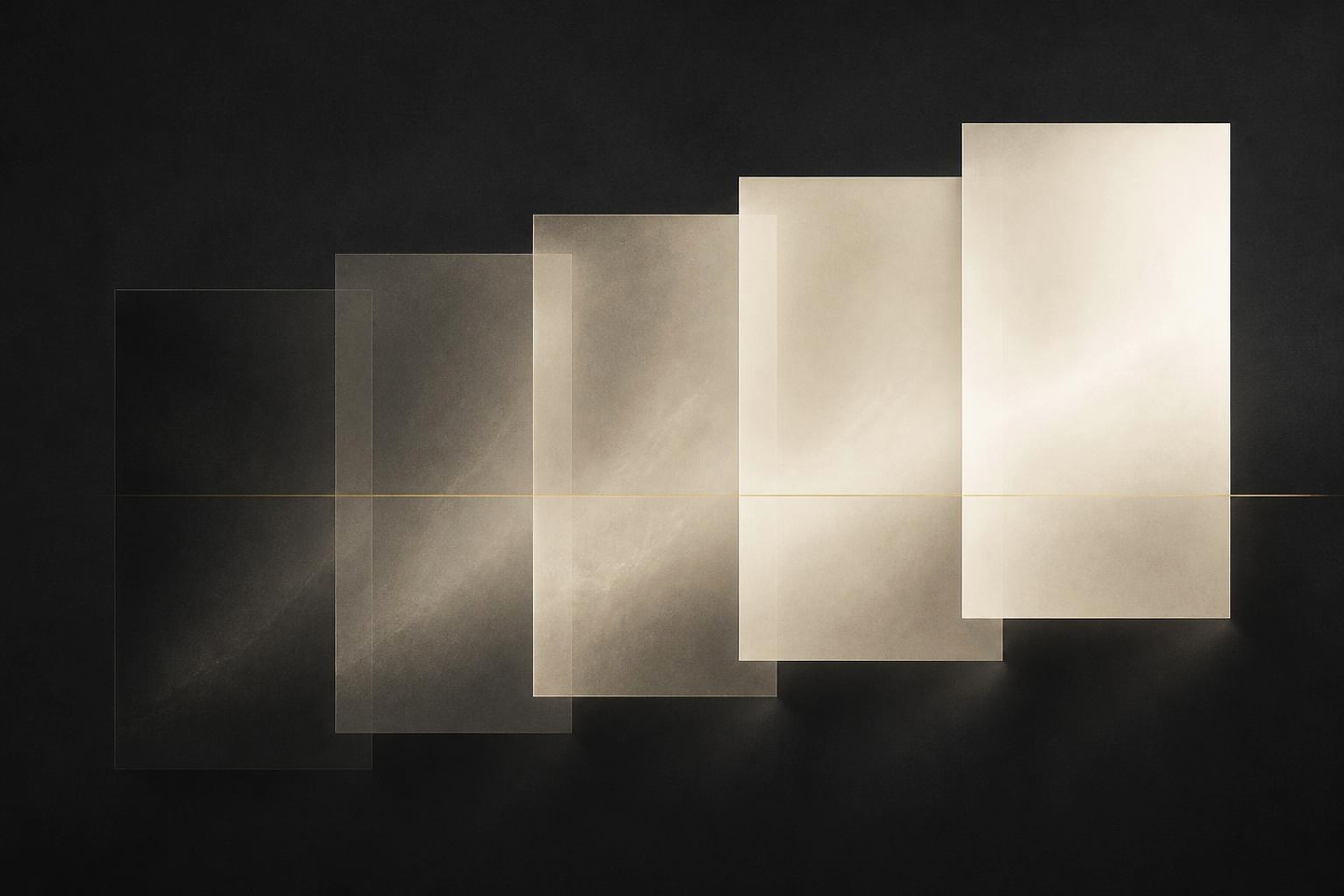 VALÉORINE editorial artwork: a sequence of translucent ivory panels growing in luminosity across a charcoal field