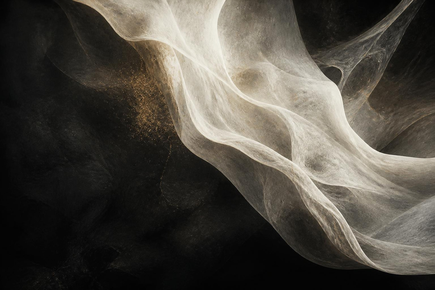 VALÉORINE editorial artwork: a broad gestural ivory sweep curling through a charcoal field