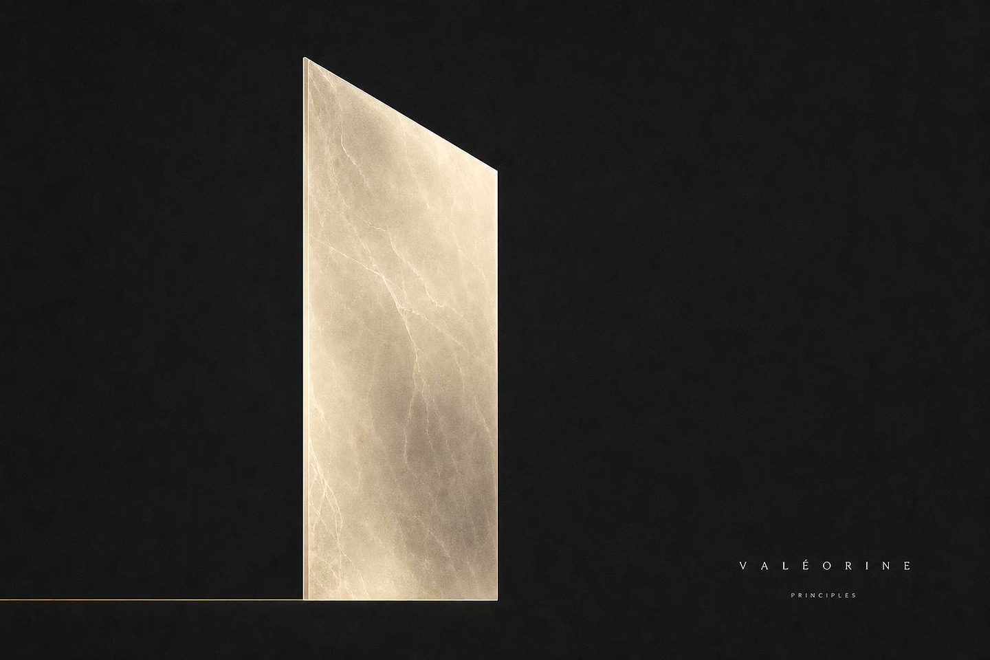 VALÉORINE editorial artwork: a monumental ivory plane on charcoal above a gold rule, lettered VALÉORINE