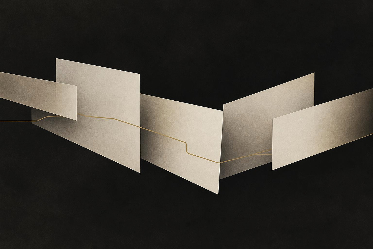 VALÉORINE editorial artwork: overlapping ivory planes linked by a continuous gold hairline