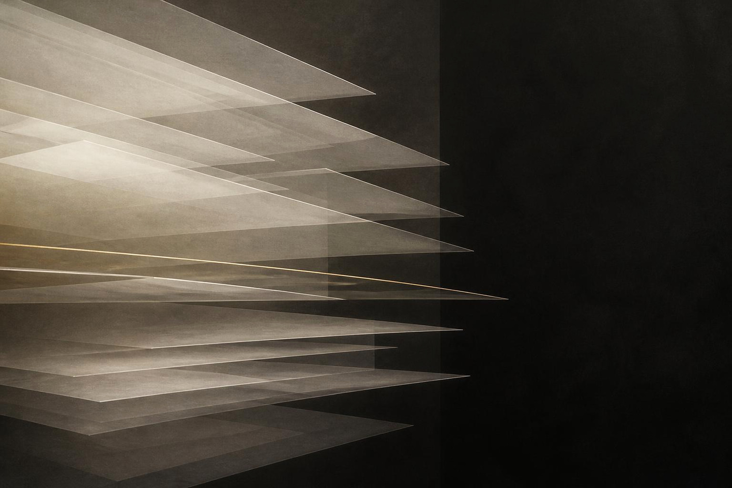 VALÉORINE editorial artwork: many thin ivory layers offset in register, receding into charcoal
