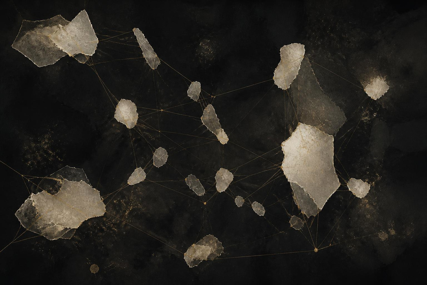 VALÉORINE editorial artwork: ivory fragments linked by fine gold hairlines across darkness
