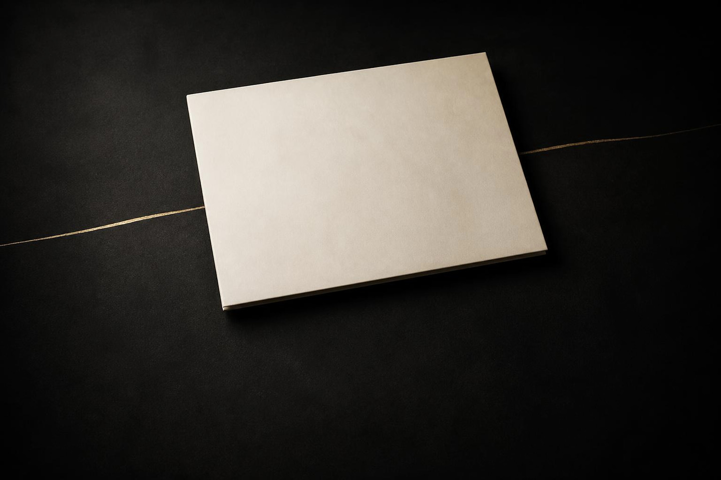 VALÉORINE editorial artwork: a closed ivory portfolio plane on charcoal, crossed by a gold line