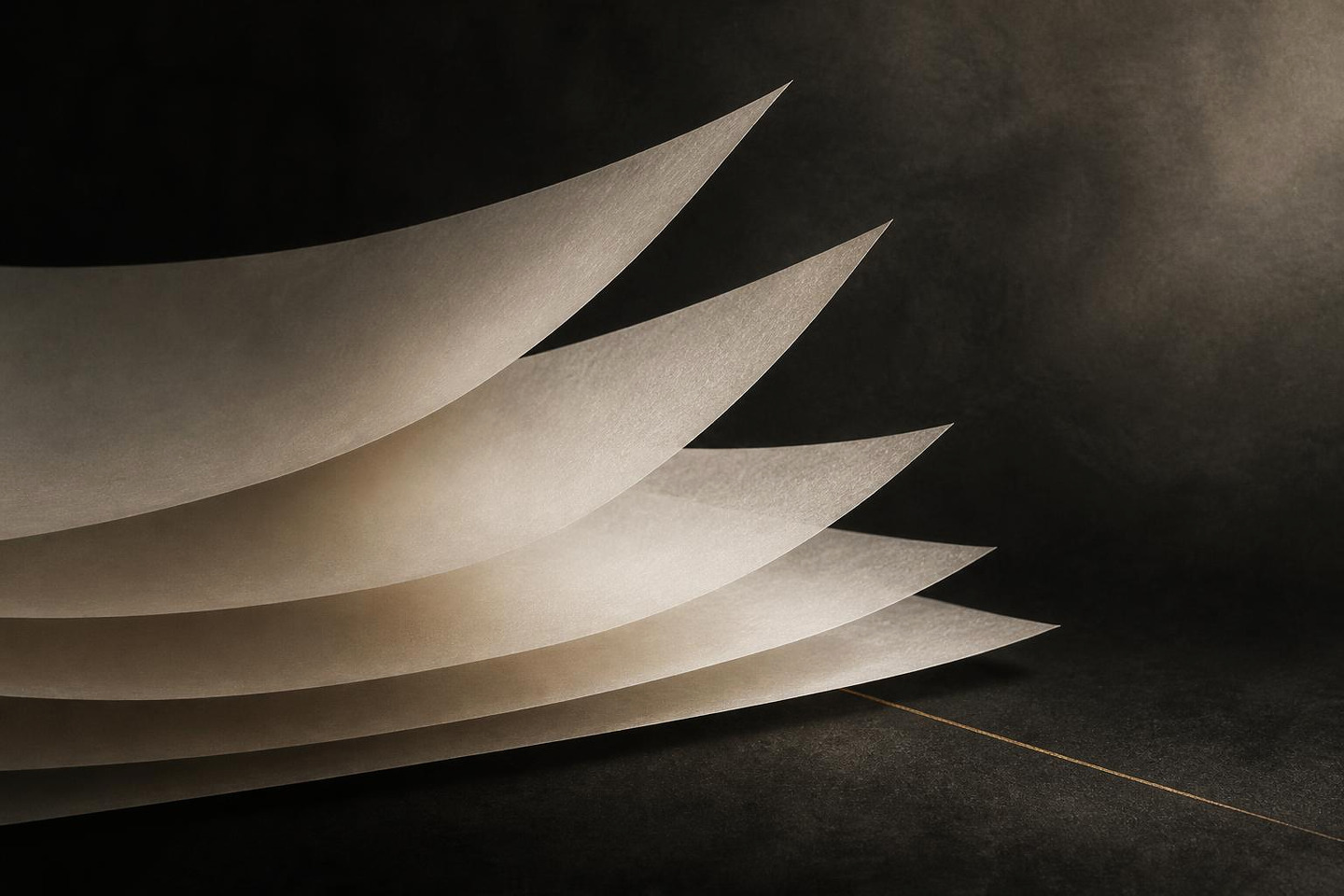 VALÉORINE editorial artwork: layered ivory sheets lifting from a dark plane