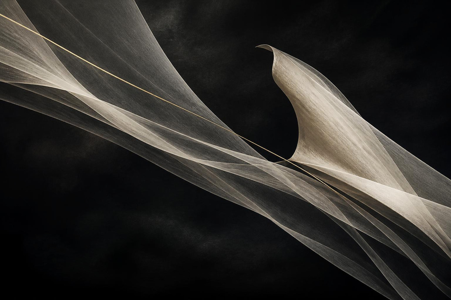 VALÉORINE editorial artwork: long ivory bands sweeping diagonally through darkness