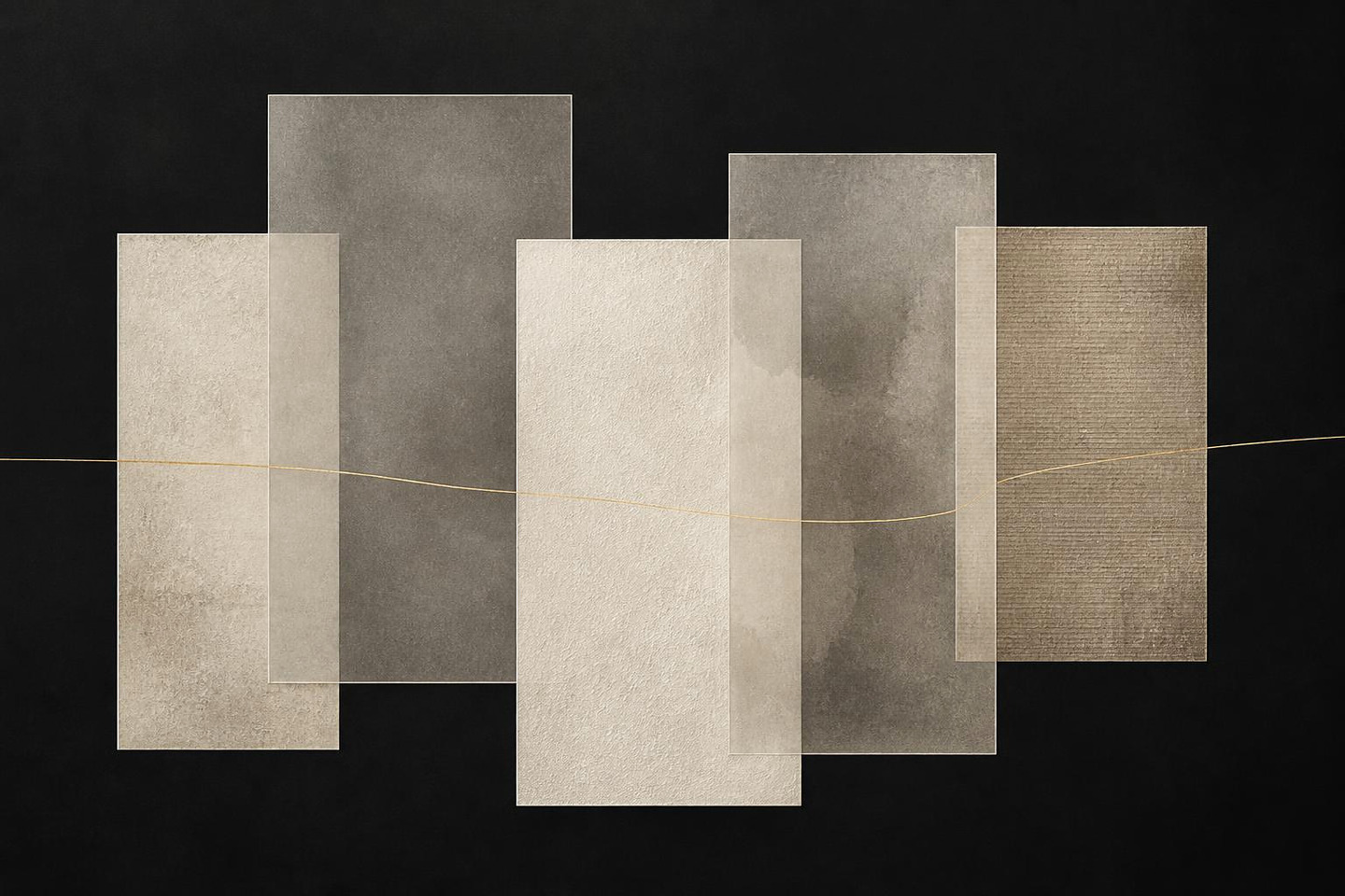 VALÉORINE editorial artwork: five ivory and greige panels of differing texture unified by a fine gold line