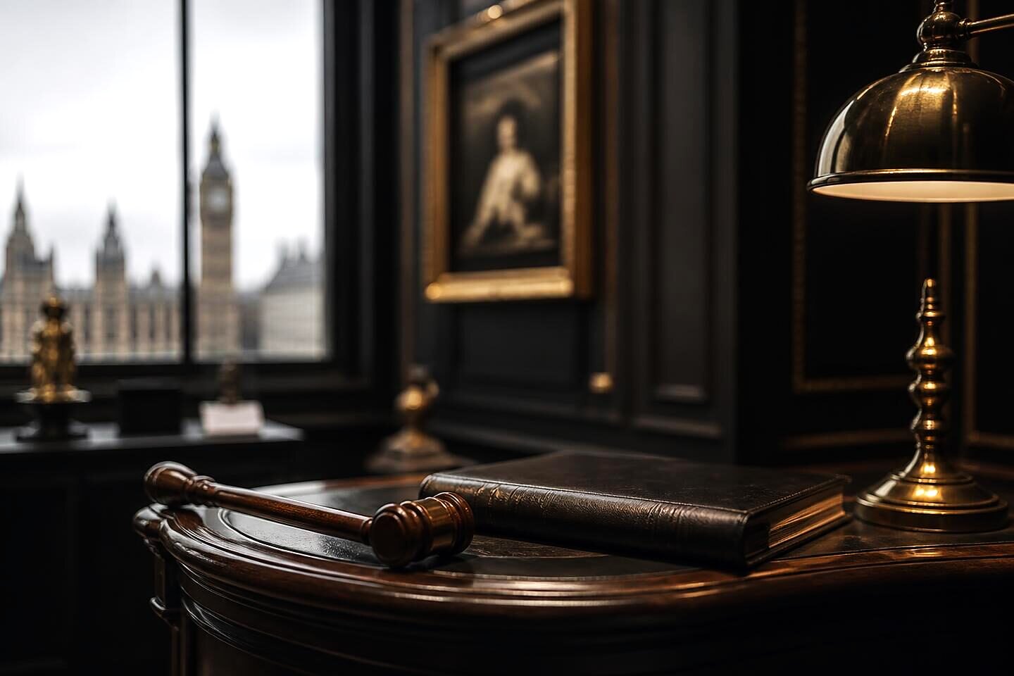 A nineteenth-century auctioneer's gavel resting beside a closed leather ledger