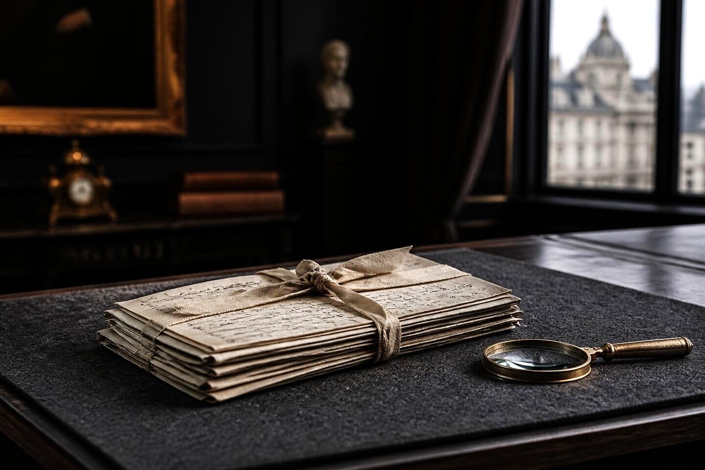 A bundle of nineteenth-century letters tied with faded linen tape beside a magnifier