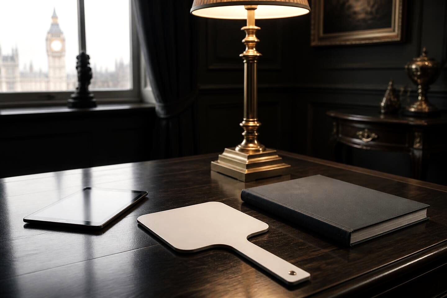 A bidder's numbered card and a tablet on an oak table beside a closed catalogue