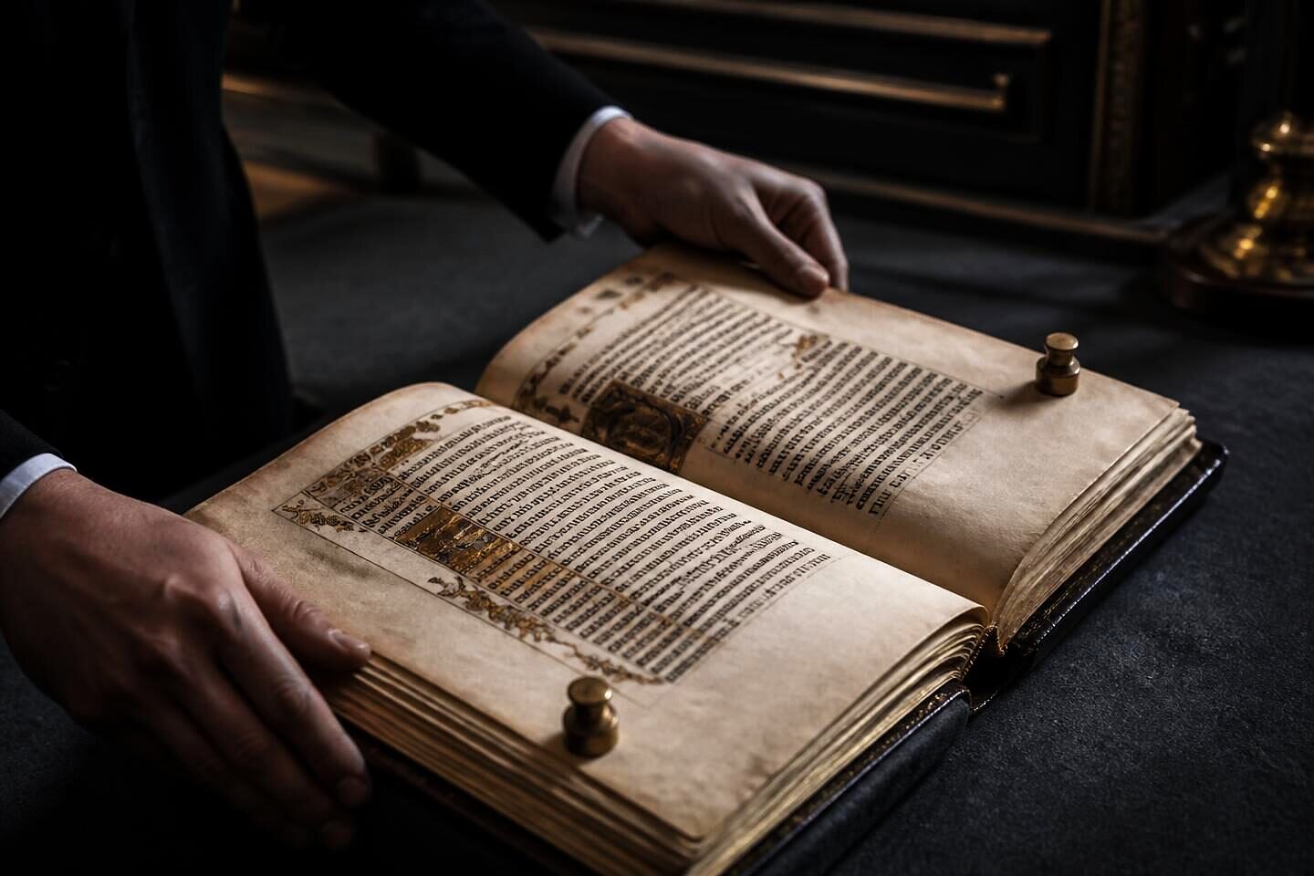 A manuscript codex open at a page of gothic script, held with small brass weights