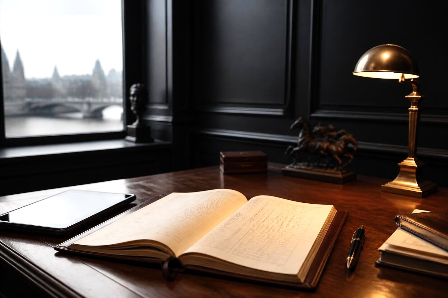 A leather ledger open at ruled columns of figures beside a tablet and fountain pen
