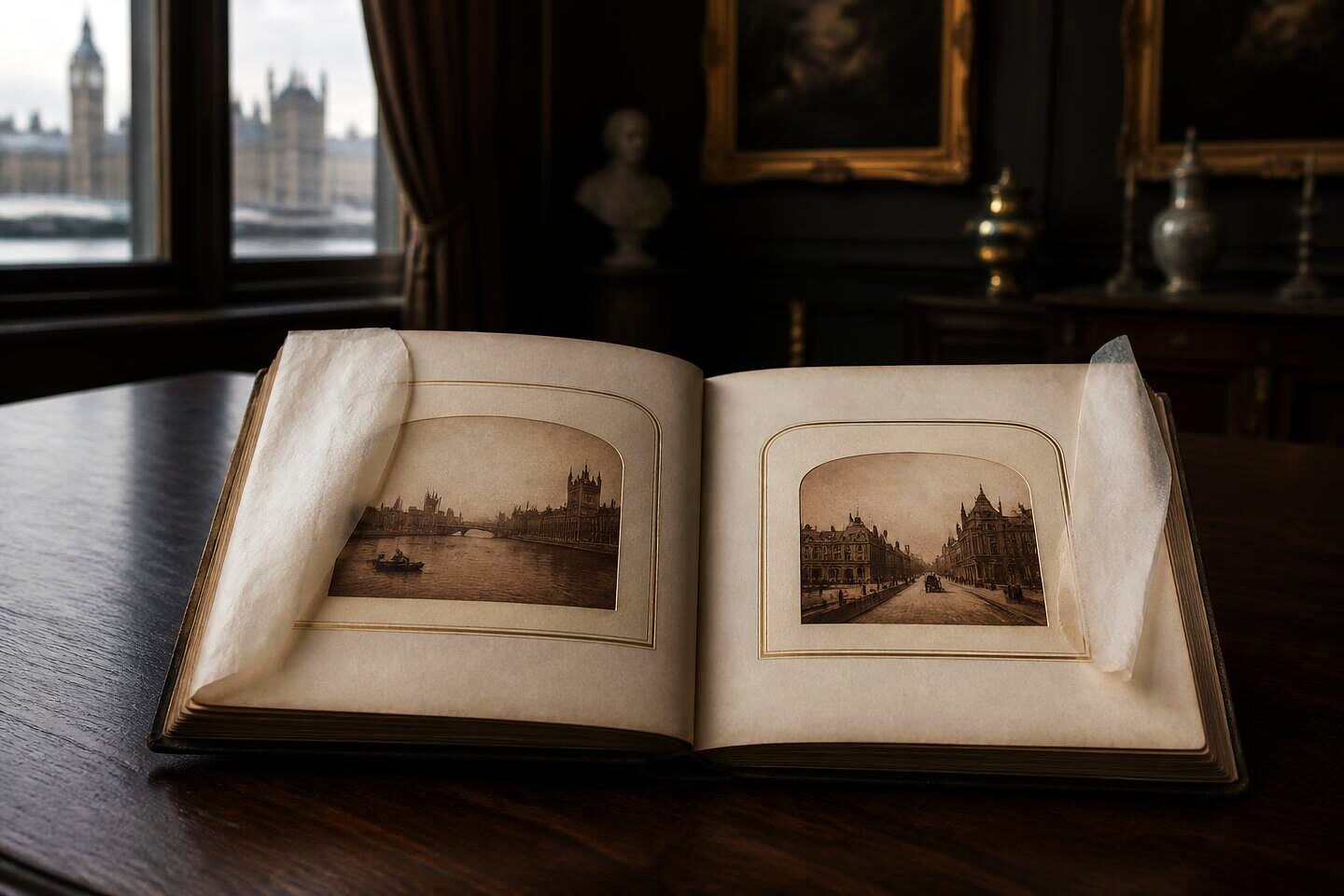 A Victorian photographic album open at two mounted albumen views with archival tissue lifted