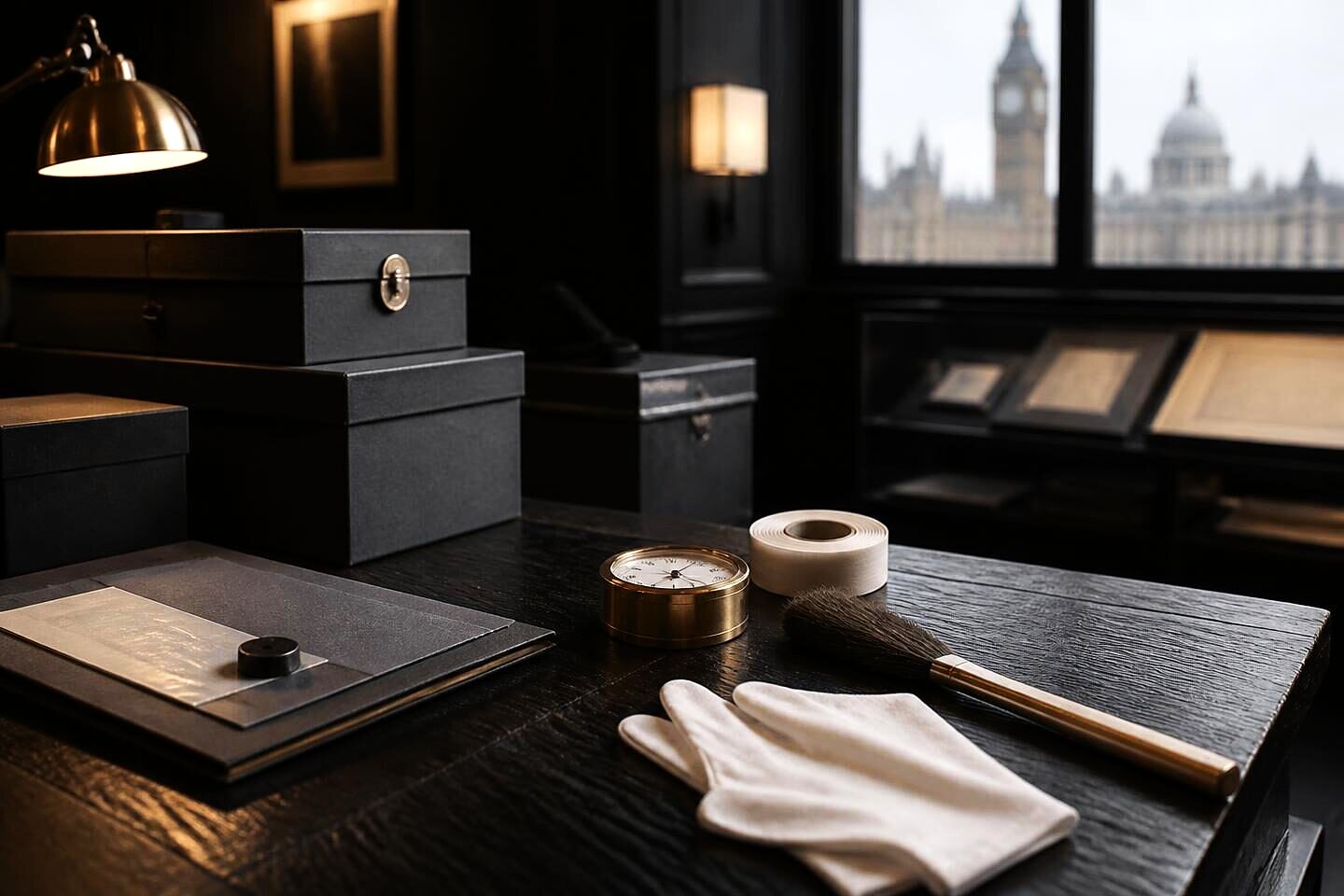 Archival boxes, a hygrometer, cotton tape and a soft brush arranged on an oak bench