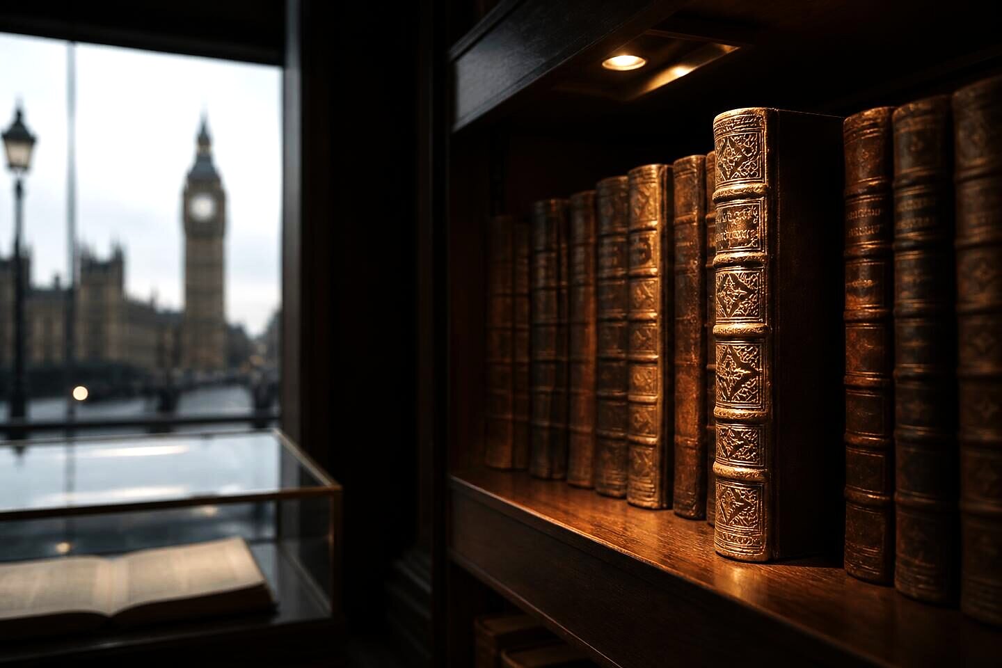 Antiquarian bindings on dark walnut shelving, one volume drawn forward to show its gilt tooling