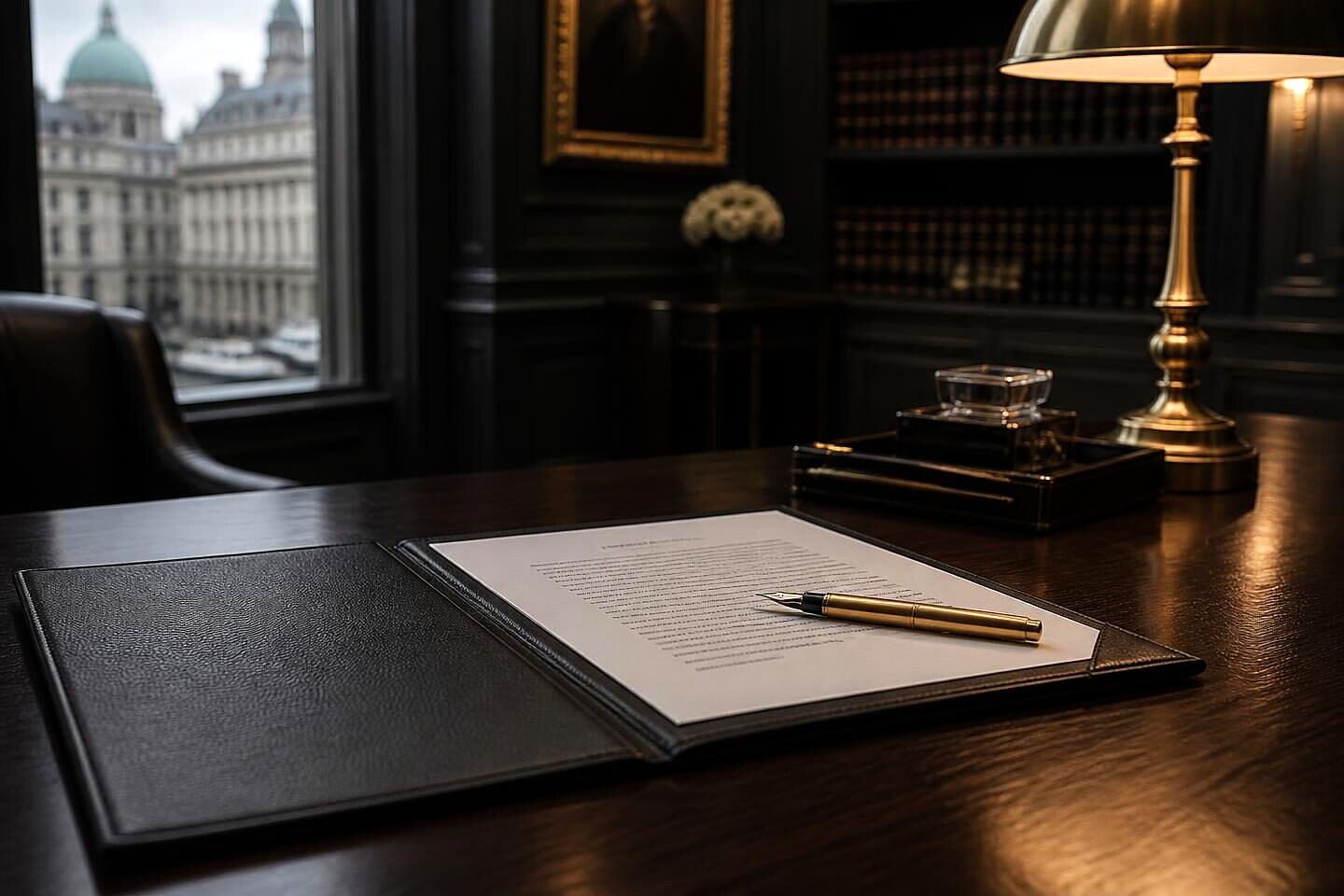 A consignment agreement open in a leather folder with a fountain pen resting across it