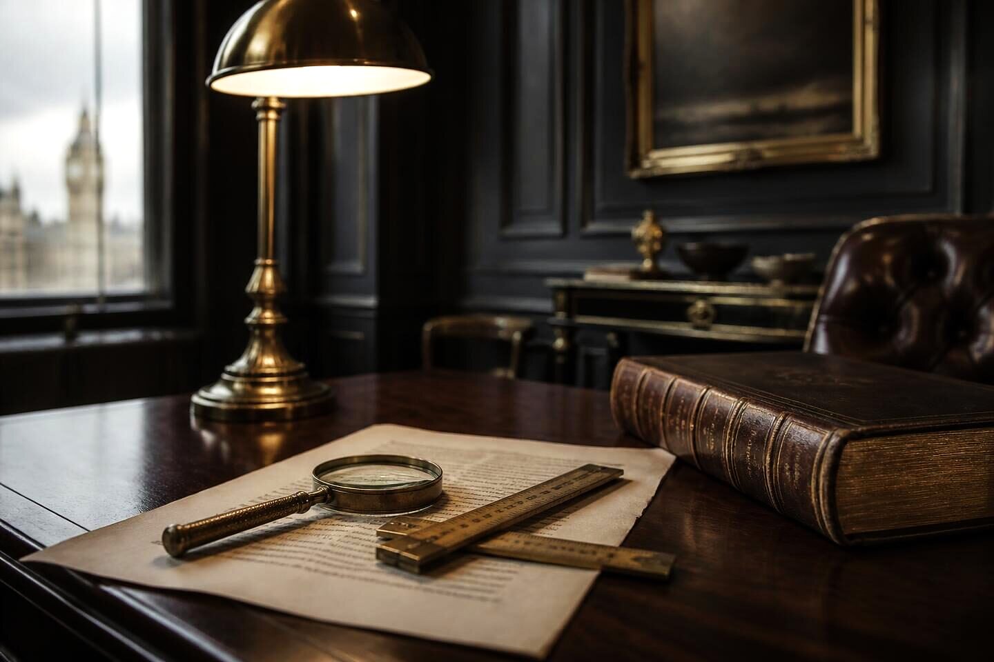 A brass loupe and folding rule laid on a typed valuation report beside a closed antiquarian book