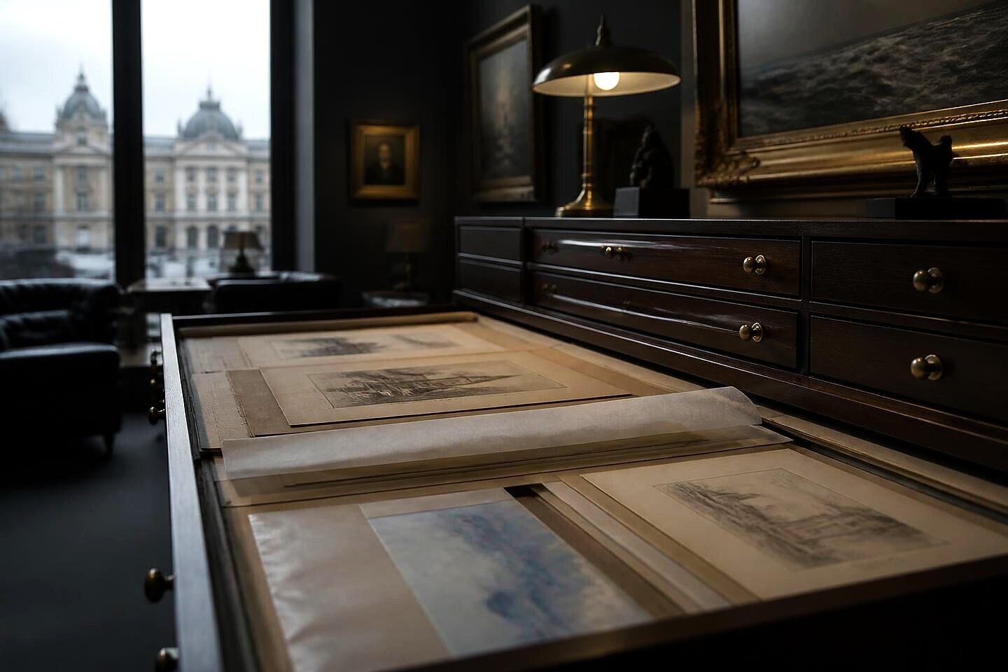 Etchings and watercolour studies interleaved with tissue in an open plan chest drawer