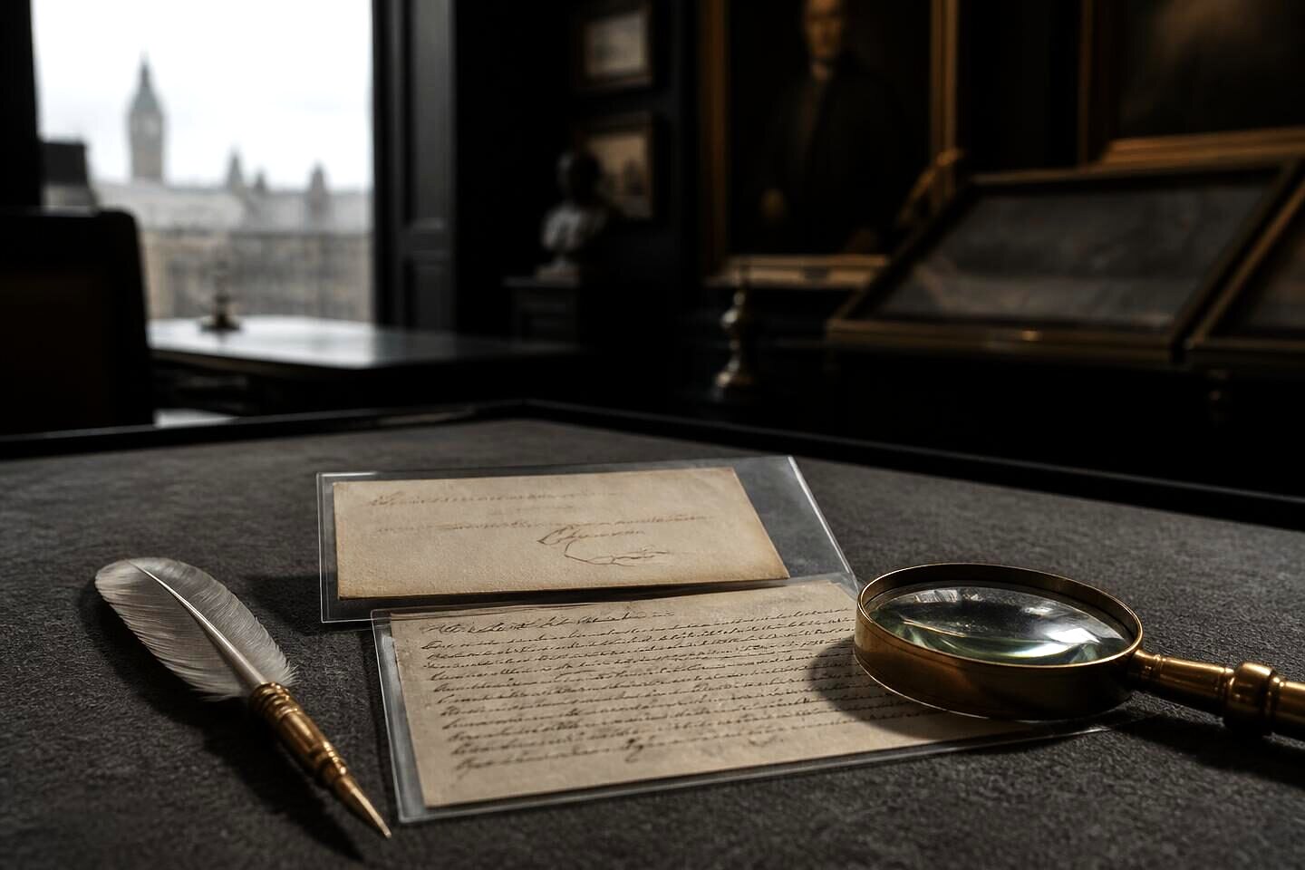 A signed card and a quill-written note in an archival sleeve beneath a brass magnifier