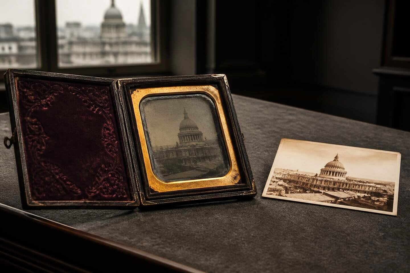 A cased daguerreotype opened beside a small nineteenth-century salt print of a building