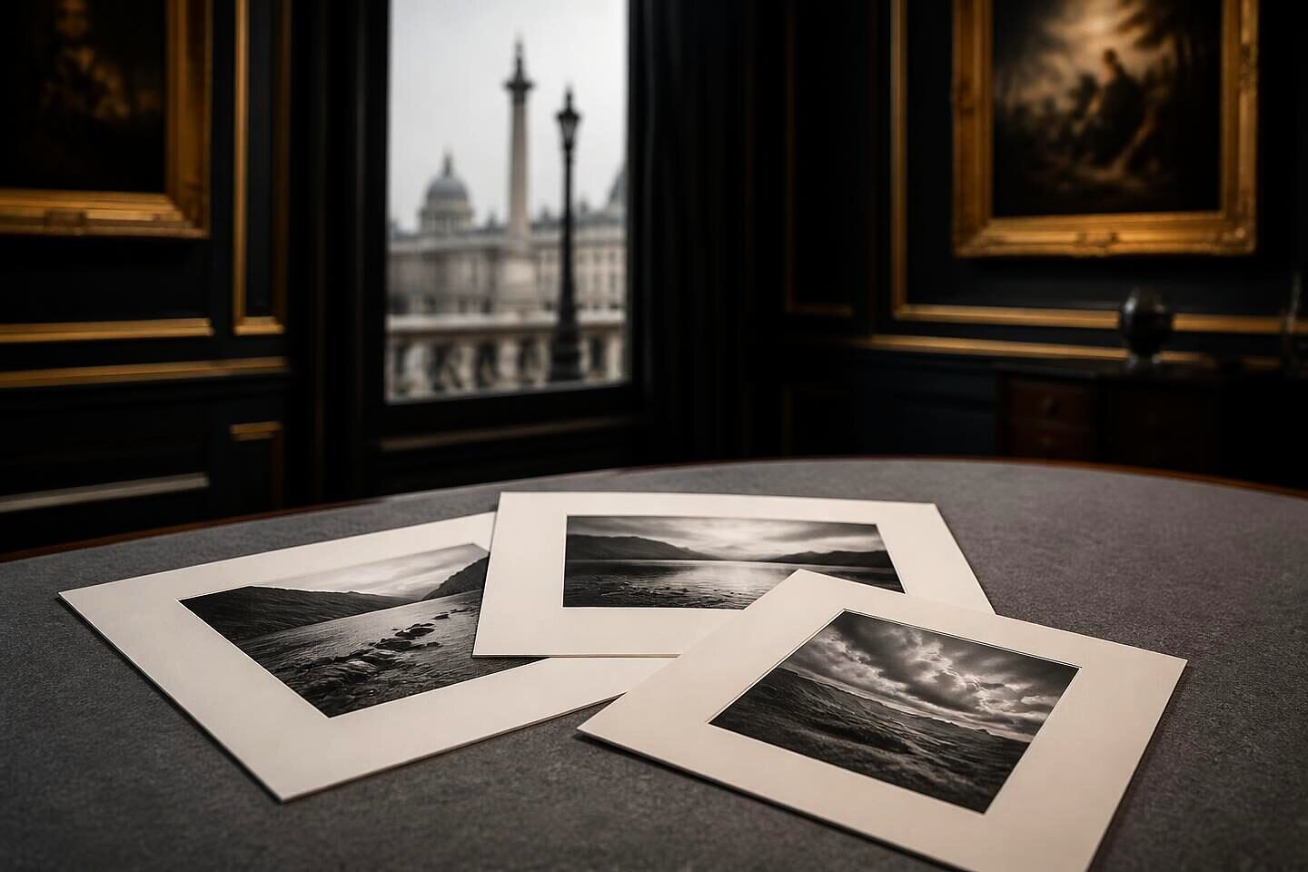 Three gelatin silver landscape photographs in window mounts, fanned on grey felt