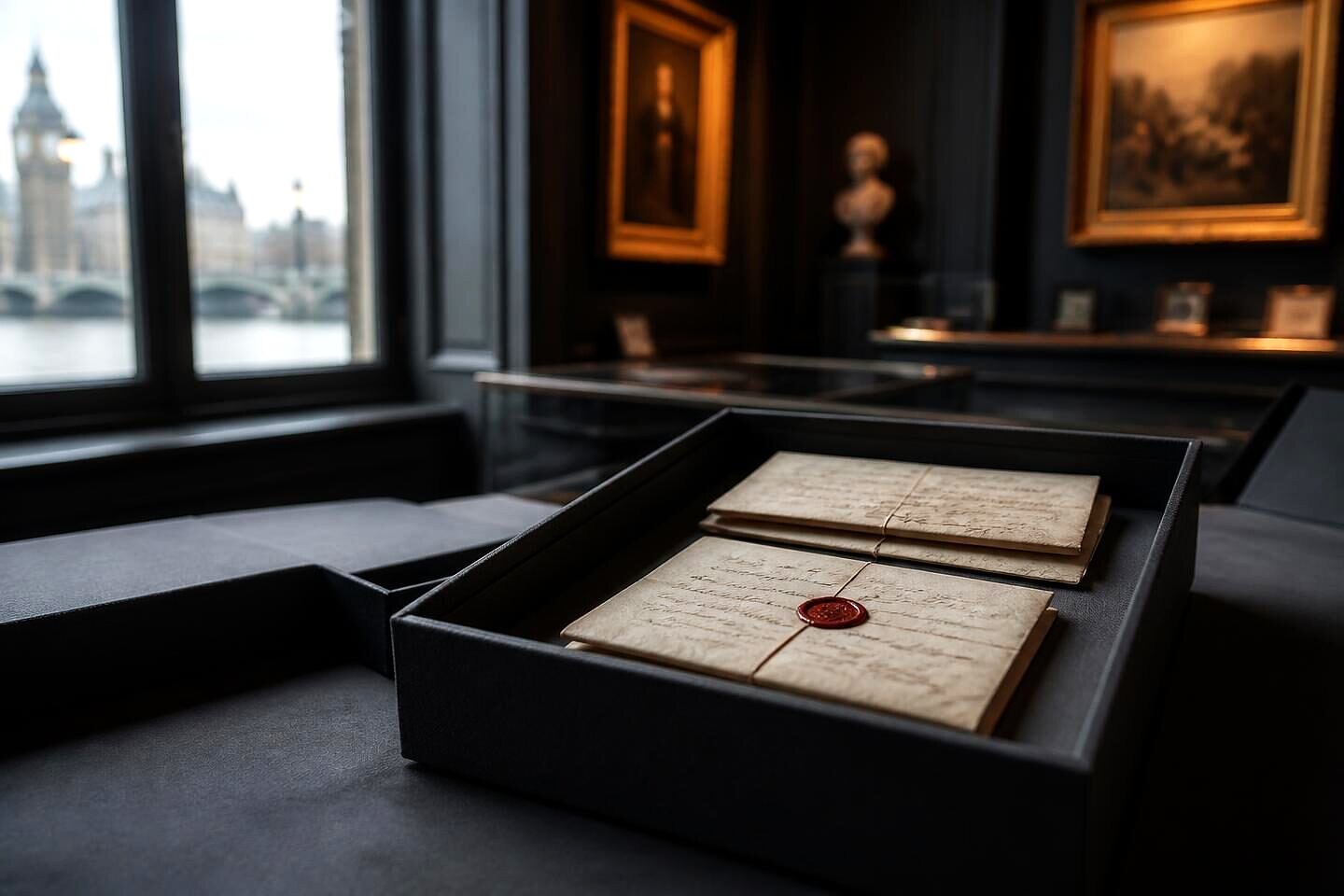 Two folded historic letters on laid paper, one with an intact red wax seal, in an archival box