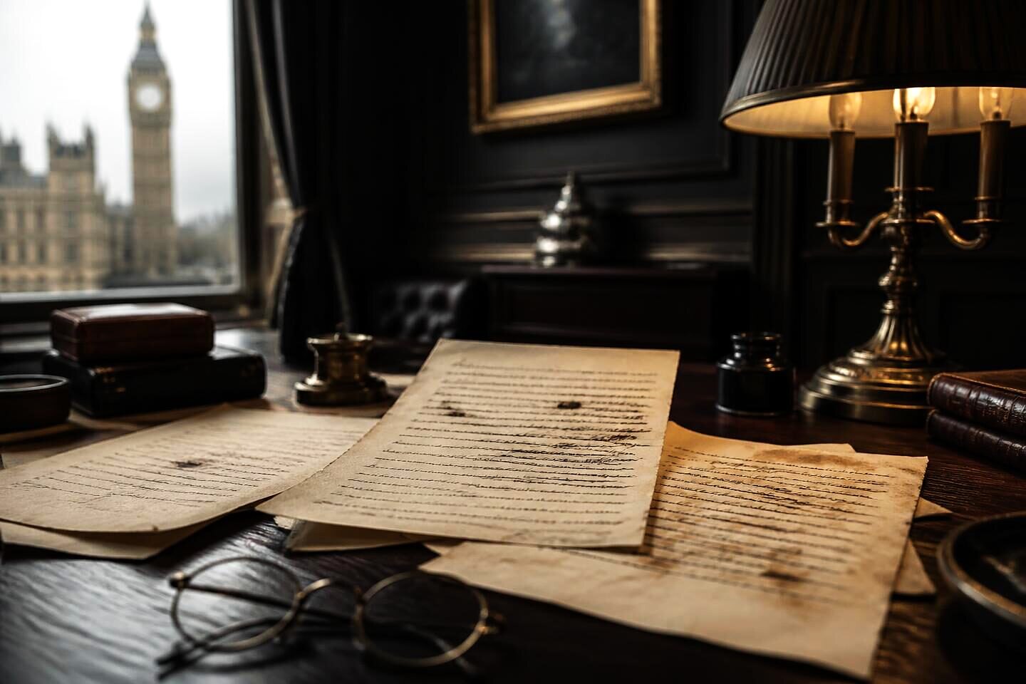 Handwritten literary manuscript leaves with inked corrections beside a pair of spectacles