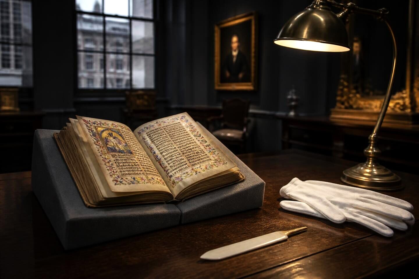 A small book of hours open on a foam cradle beside a bone folder and cotton gloves