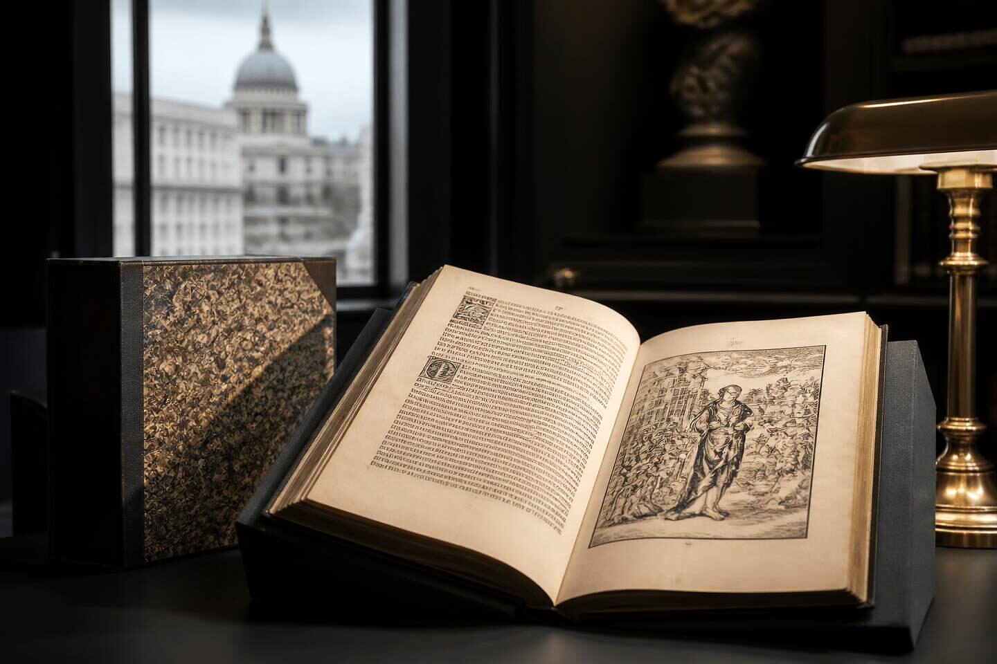 An early printed folio open at a woodcut illustration beside a marbled slipcase