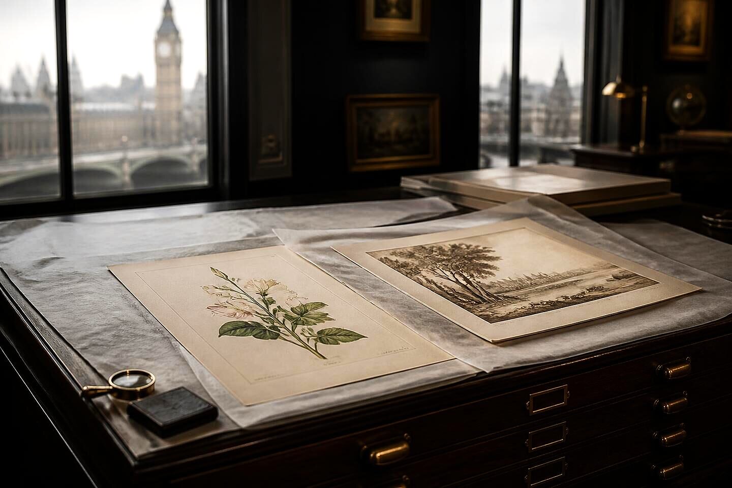 A hand-coloured botanical engraving and a sepia wash drawing laid on archival tissue