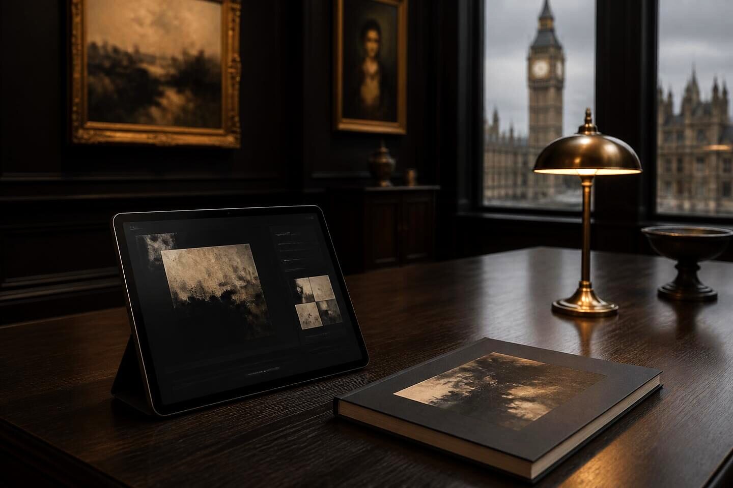 A tablet propped on an oak desk showing a bidding screen beside a closed catalogue