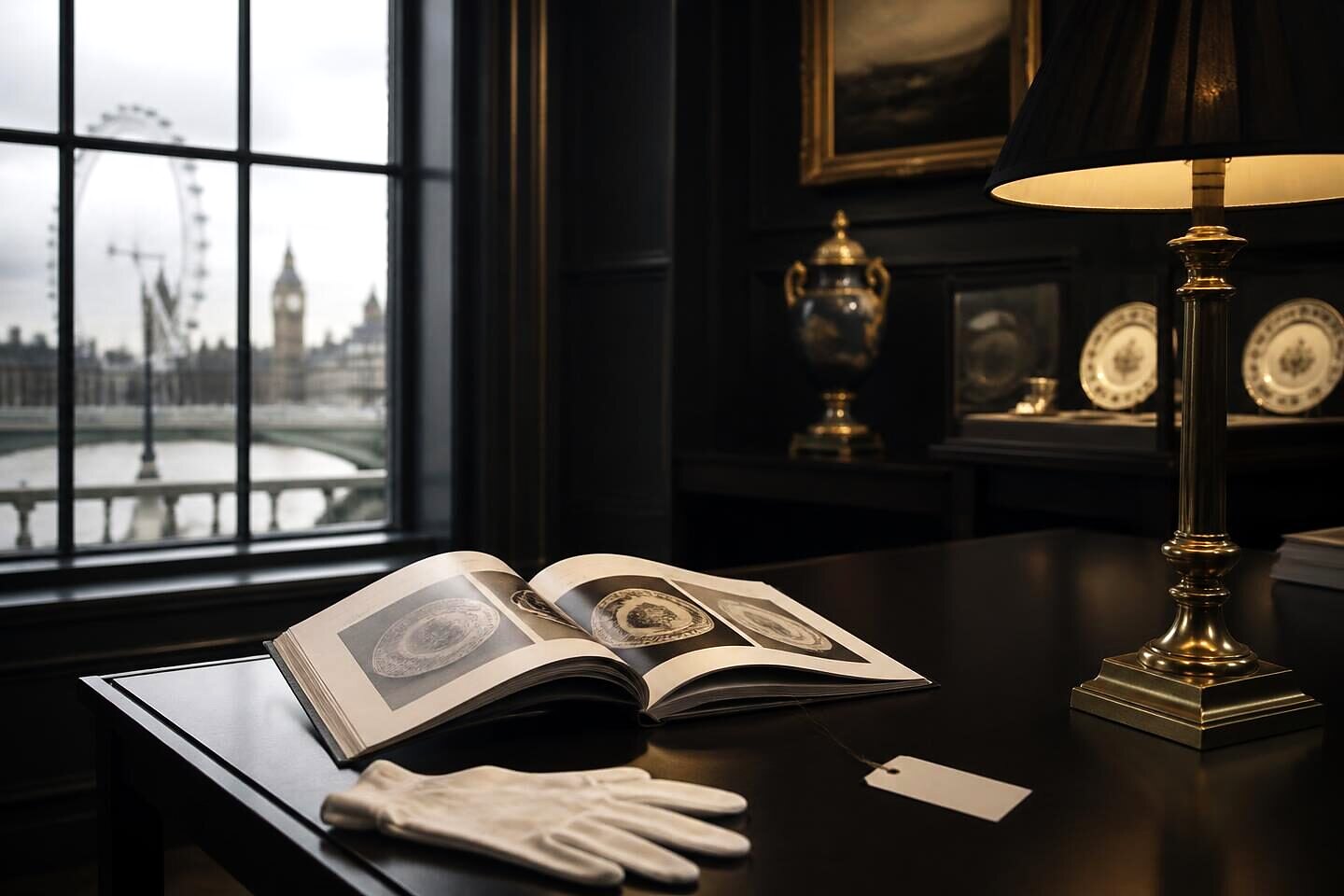An open catalogue, a numbered lot ticket and cotton gloves on a viewing table