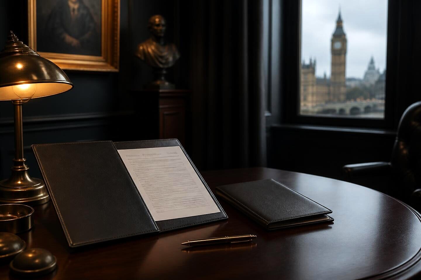 A registration form in a leather folder beside a document wallet and pen on walnut