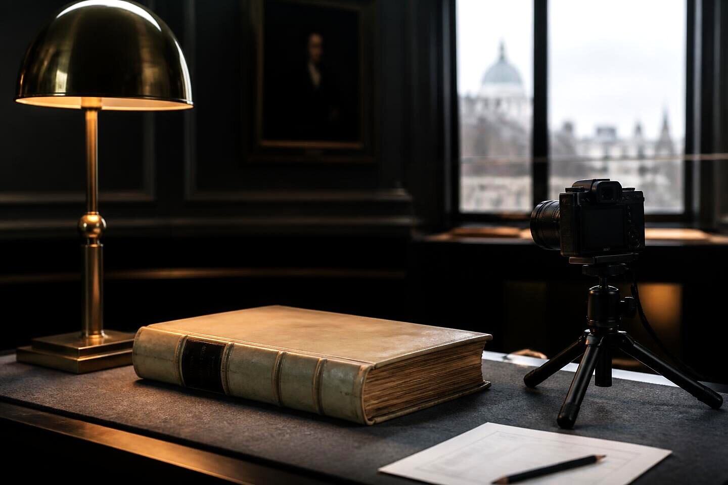 An antiquarian volume beside a camera on a small tripod and a printed enquiry form