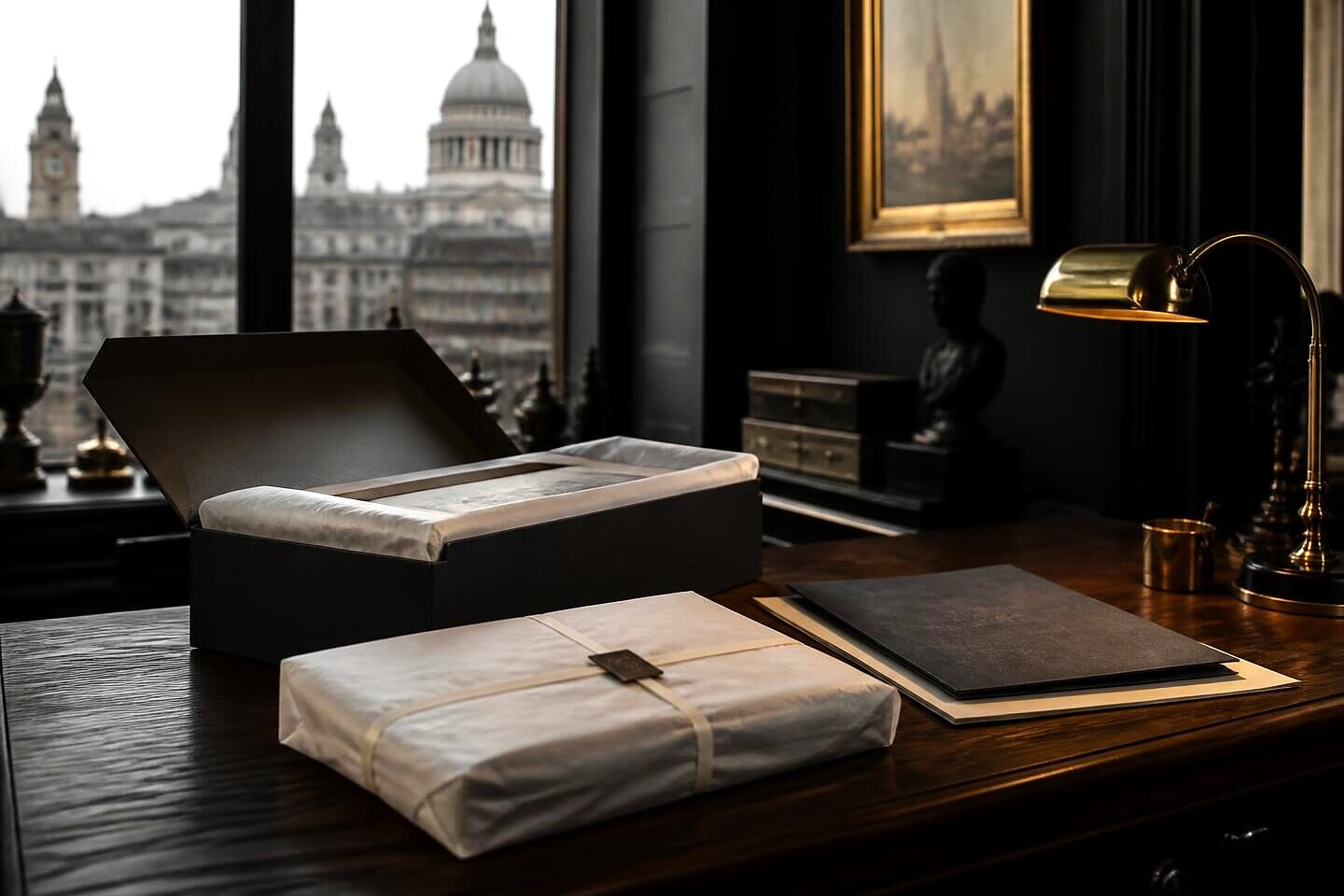 An archival box, a parcel wrapped in acid-free tissue and a folder of papers on an oak table