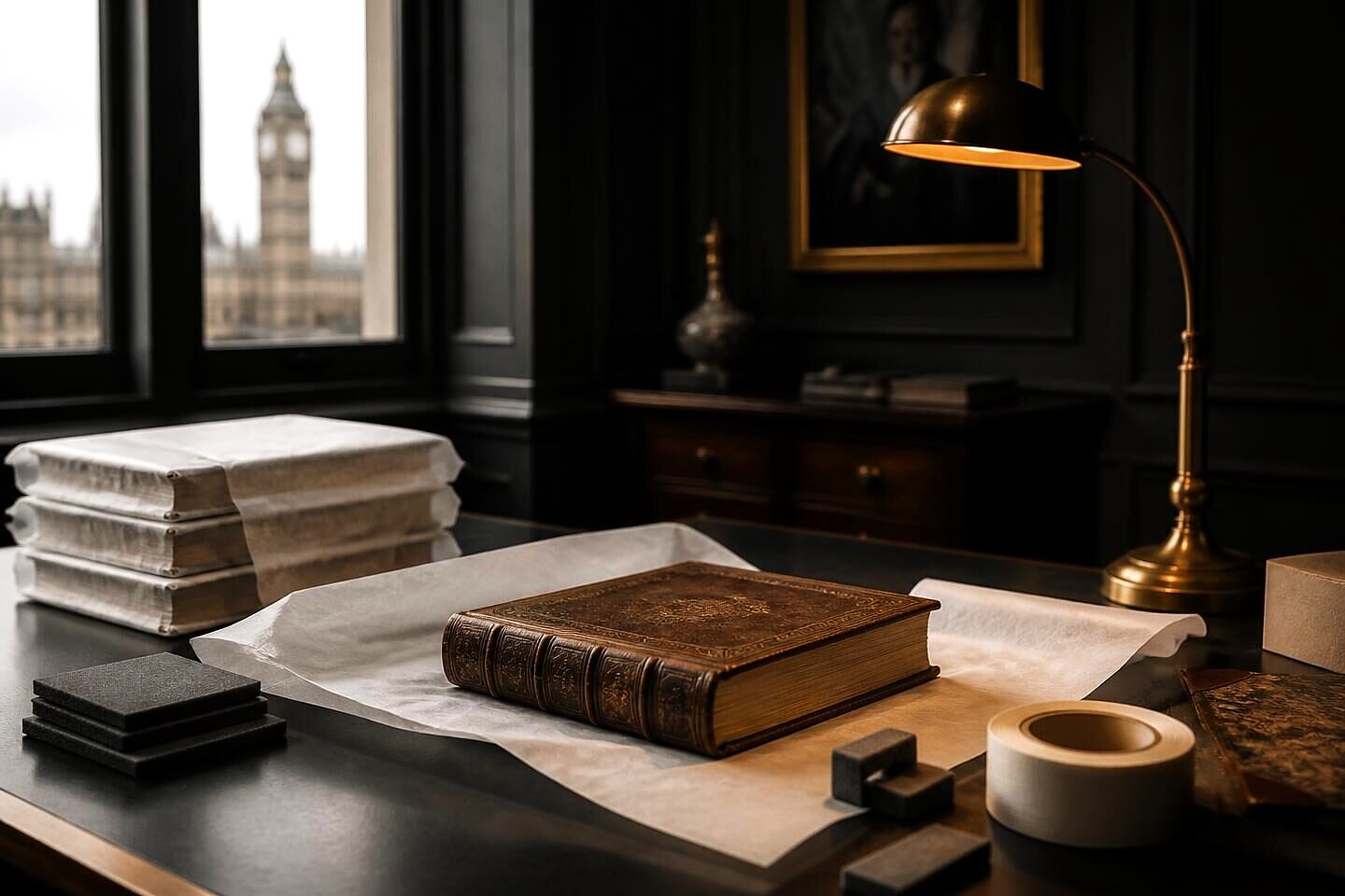 Books wrapped in acid-free tissue with cotton tape and foam corners on a packing bench