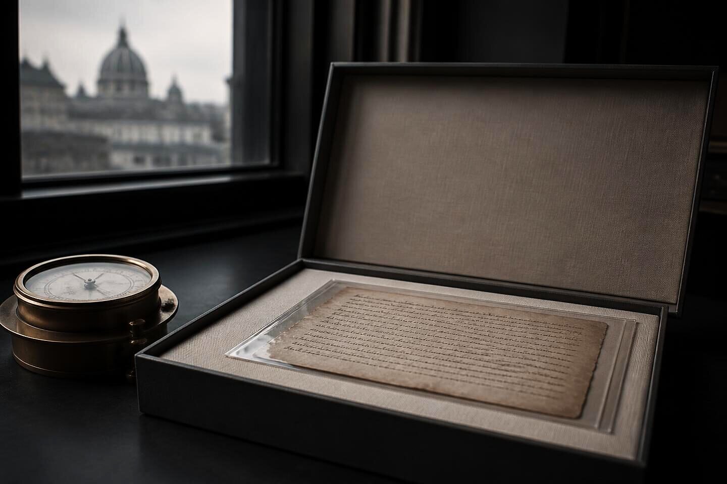 A manuscript resting in a melinex sleeve inside a lined solander box beside a hygrometer