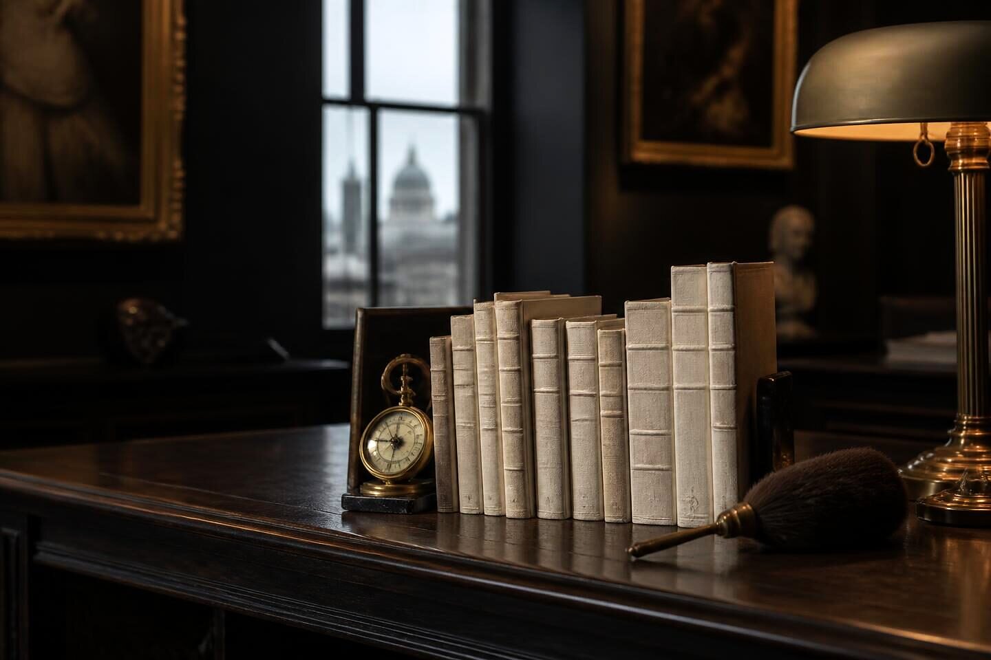 Antiquarian books in linen book shoes beside a hygrometer and a soft brush