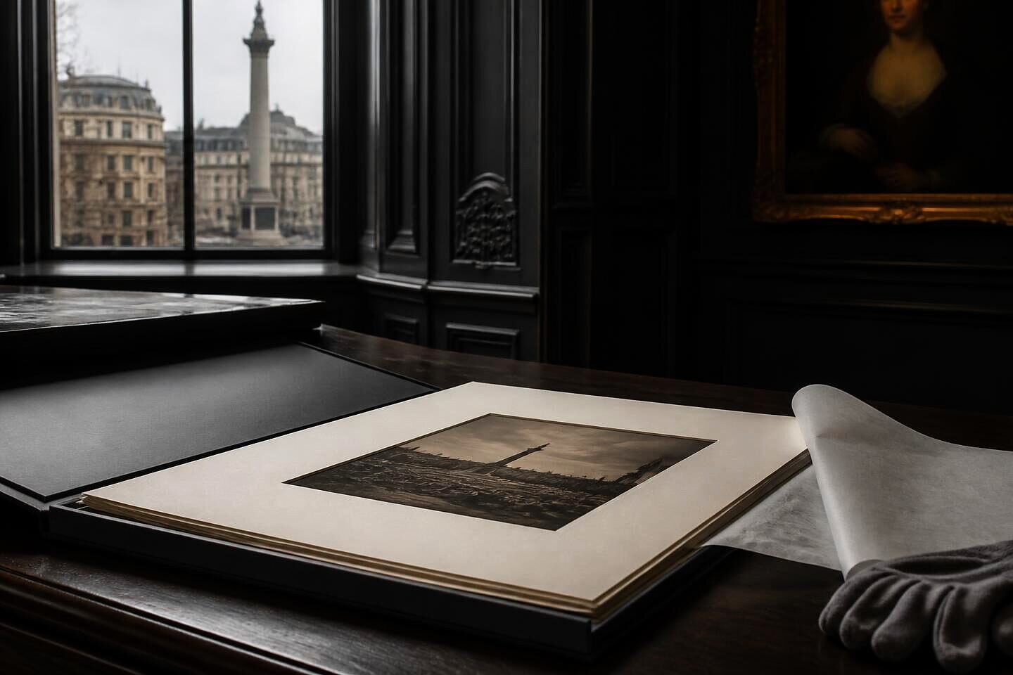 A photographic print in a window mount within an archival portfolio on an oak bench