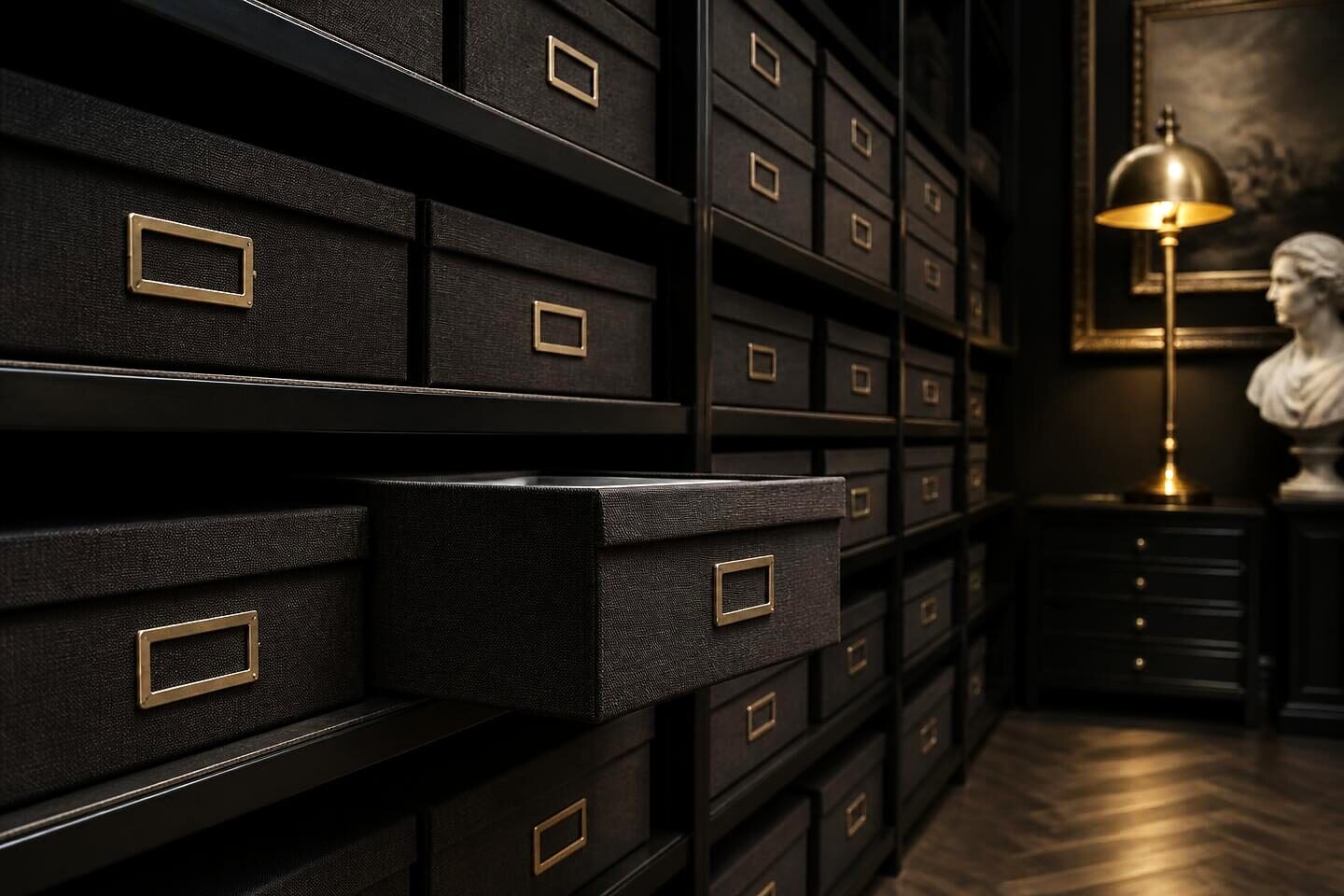 Labelled archival solander boxes on shelving in a climate-controlled store