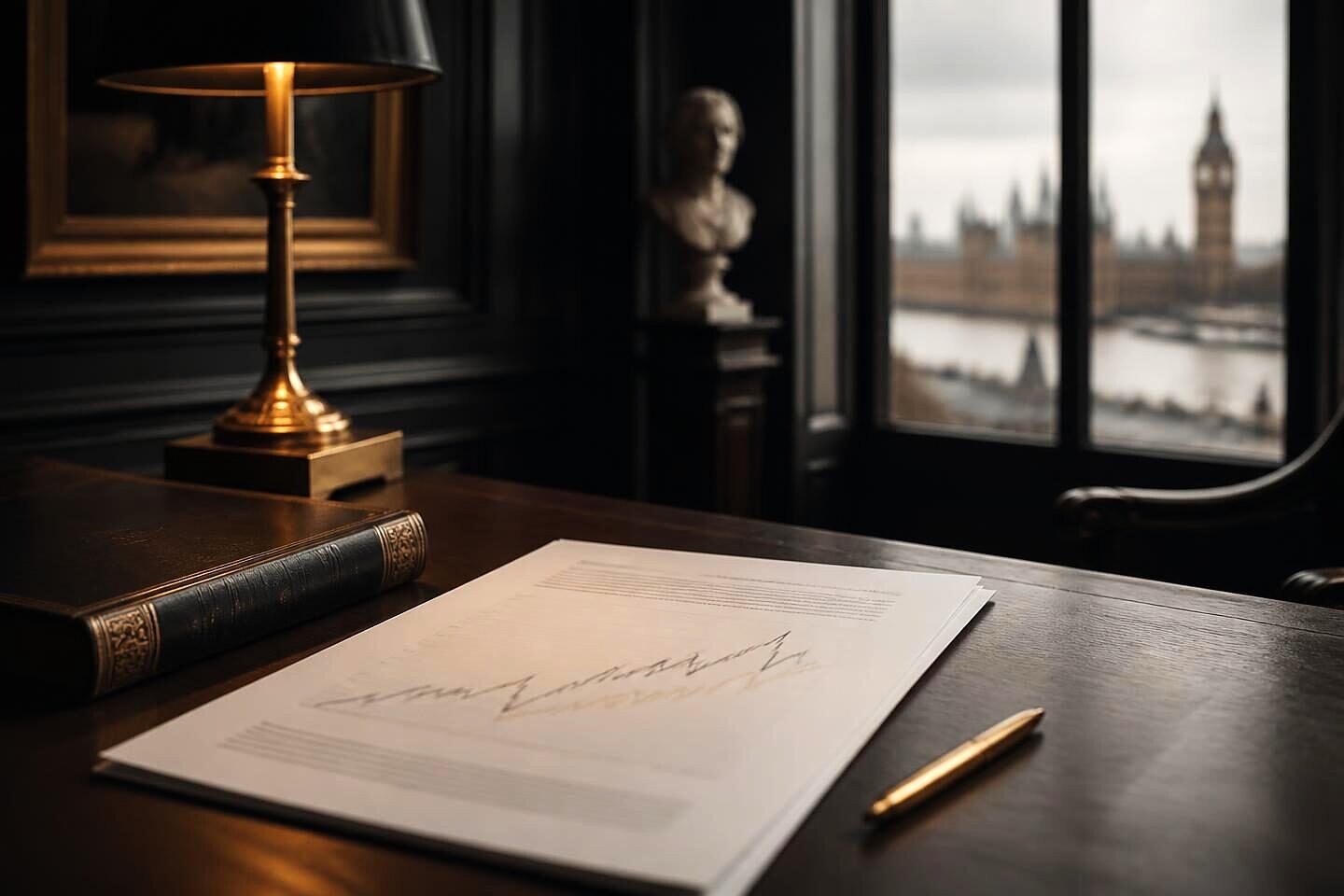 A printed market report with a line chart on a walnut desk beside a closed antiquarian volume