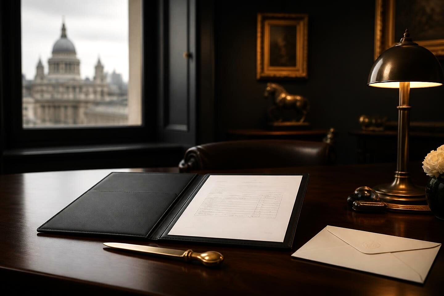 An invoice in a leather folder beside a brass letter opener and a stamped envelope