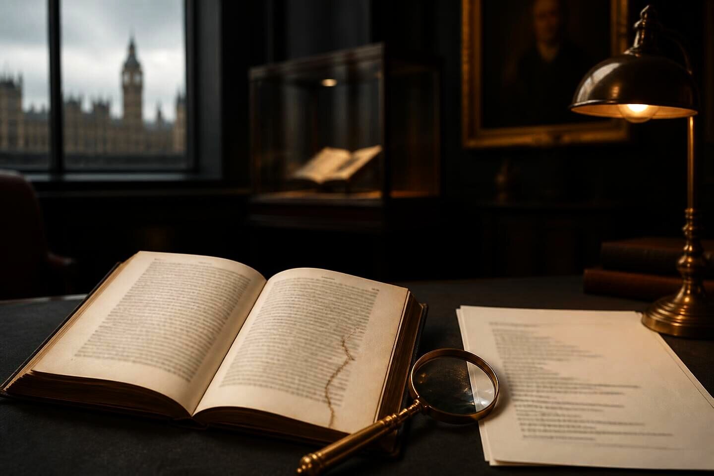 An antiquarian book showing a repaired tear beside a magnifier and a typed condition report