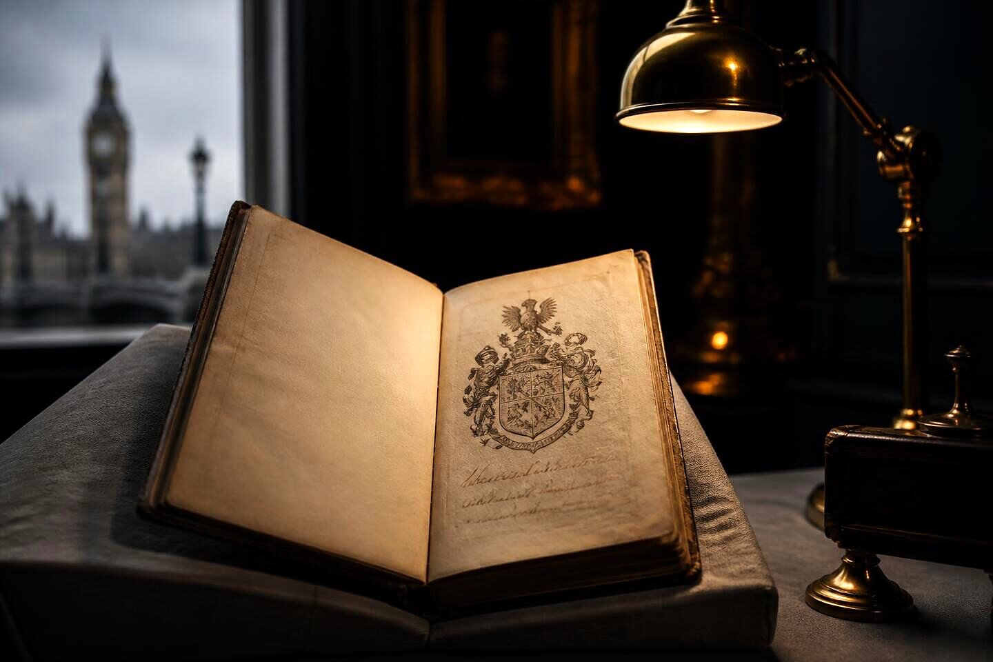 An armorial bookplate and an old ink ownership inscription on a book's front pastedown